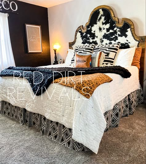 Western Headboard Ideas, Cowhide Bedroom Ideas, Cowhide Headboard, Western Headboard, Cowhide Bedroom, Oklahoma Decor, Western Room Ideas, Western House, Country Room