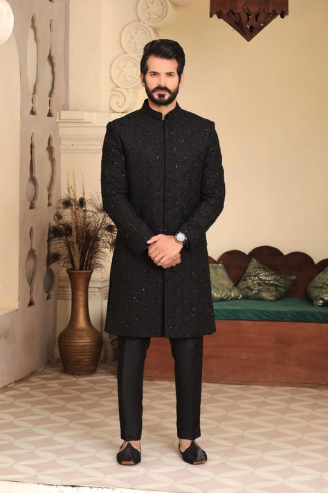 Black Sherwani for Men by Walkout - 3 piece - top + bottom + outerwear - winter wear | LAAM Wedding Kurta For Men Indian Groom, Black Sherwani Men Wedding, Black Kurta Outfit For Men, Black Sherwani Men, Latest Indowestern Outfits For Men, Black Kurta Men, Sherwani Black, Kurta For Men Wedding, Kurta For Wedding