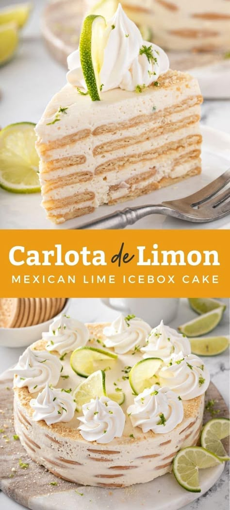 Lime Maria Icebox Cake, Mexican Lemon Dessert, Easy Desserts Mexican, New Mexican Desserts, Dessert With Lime, Fiesta Desserts Ideas, Lemon Carlota Recipe, Mexican Lime Maria Icebox Cake, Recipes With Maria Cookies