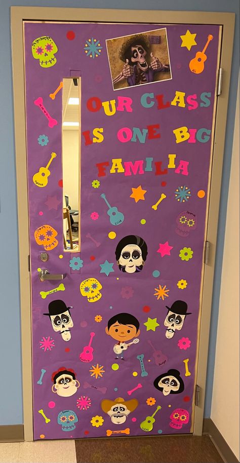 Disney Fall Classroom Door, Coco Door Decoration, Coco Classroom Door, Coco Door Decorations Classroom, Day Of The Dead Classroom Door, Coco Bulletin Board, Dia De Los Muertos Door Decorating Ideas, Twos Classroom, Halloween Door Decorations Classroom