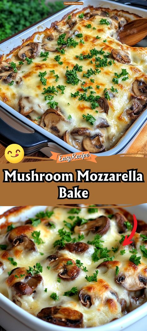 Delight in the savory layers of the Mushroom Mozzarella Bake, a comforting dish that combines earthy mushrooms with melted mozzarella and a touch of Italian herbs. Baked until golden and bubbly, this dish is a perfect side or vegetarian main course. #MushroomBake #CheesyDelights #VegetarianRecipe Meatless Mushroom Recipes, Recipes That Use Mushrooms, Mushroom Mozzarella Bake, Mushroom Dishes Recipes, Miyokos Mozzarella Recipes, Baked Italian Dishes, Mozzarella Cheese Recipe Ideas, Mozzarella Slices Recipes, Mushroom Main Dish Recipes