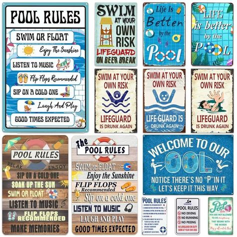 Beach Pool Rules Wall Metal Posters Tin Signs No Swim No Running Warning Text Public Pool Beach Wall Signs Shabby Plate Poster Swimming Pool Rules, Pool Rules Sign, Swimming Pool Signs, Public Pool, Pool Rules, Swim Life, Pool Signs, Backyard Deck, Enjoy The Sunshine