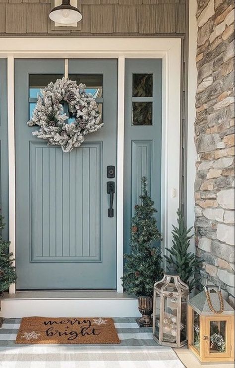 Blue Door Brown House, Blue Door Brick House, Light Blue Door Exterior, Blue Shutters And Door, Farmhouse Exterior Doors, Cape Cod Front Door, Colored Front Door, Beach House Front Door, Lakehouse Exterior