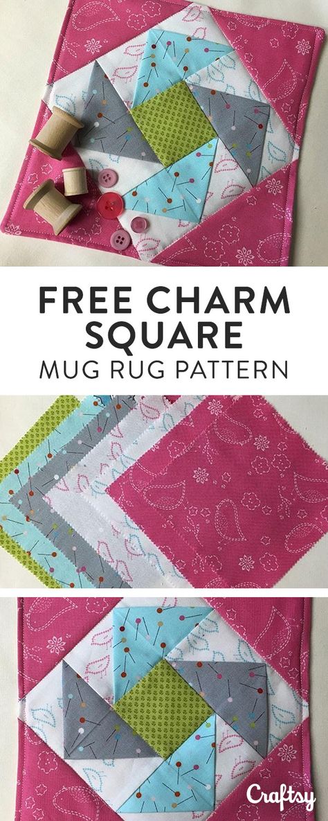 Free and simple charm square mug rug pattern for quilters Quick And Easy Mug Rugs, Quilted Mug Rug Patterns Free, Quilt As You Go Mug Rug Patterns Free, Charm Pack Coasters, Mug Rugs Patterns Free, Quilted Mug Rugs With Pocket, Charm Pack Mug Rug, Quilted Tablmug Rugs, Small Quilt Projects