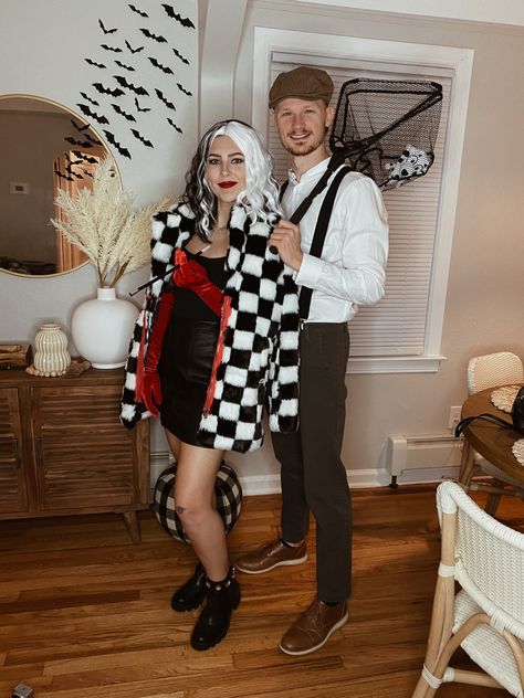 Cruella Couple Halloween Costumes, Cruella Deville And Puppy Costume, Cruella Deville Costume And Dalmation, Cruella Deville And Jasper Costume, Cruelly Deville Couple Costume, Couple Themed Halloween Costumes, Cruella And Dog Catcher Costume, Cruella And Dalmation Costume Couple, Cruella Dalmation Costume