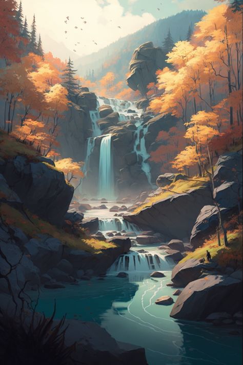 Orange Illustration Art, Flower Digital Art Illustrations, Fall Anime Wallpaper, Autumn Anime Wallpaper, Japanese Country Side, Autumn Digital Art, Japanese Waterfall, Anime Homescreen, Season Wallpapers