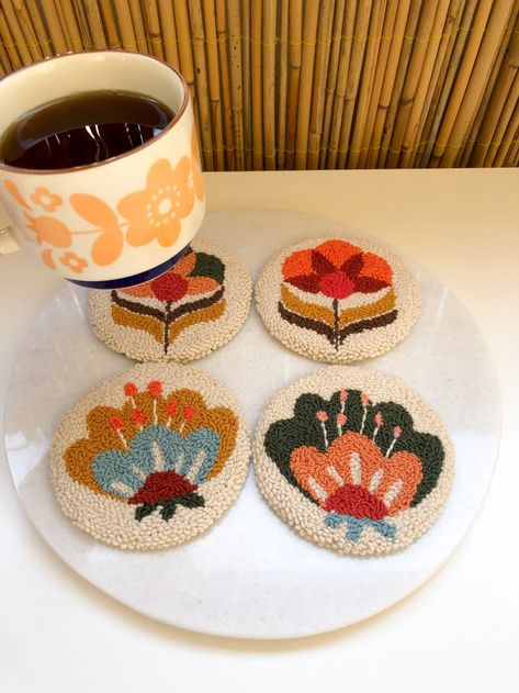 Punch Needle Coasters Tufted Coaster Drink Coasters Home | Etsy Tufted Coaster, Punch Needle Coasters, Rug Tufting, Flower Coasters, Cute Coasters, Needle Embroidery, Punch Needle Patterns, Handmade Coasters, Punch Needle Embroidery