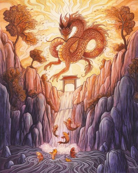 In Chinese mythology, the Dragon Gate lies at the top of a legendary mountain. Koi swim upstream and attempt to reach the top of the waterfall. Few are brave or dedicated enough to make it, but the ones that do transform into dragons.

Watercolor, colored pencil & gouache. Moody Paintings, Folklore Fairy, Koi Dragon Tattoo, Dragon Gate, Koi Dragon, Dragon Chino, Chinese Dragon Tattoos, Japanese Mythology, Chinese Mythology