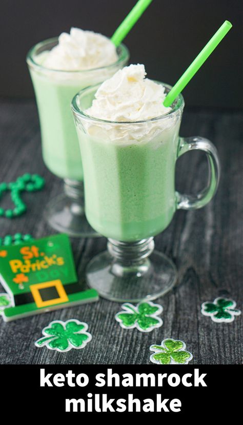 2 glass mugs with keto shamrock shake and text and decorations Mint Milkshake, Keto Milkshake, Keto Protein Shakes, Shamrock Shake Recipe, Diy With Kids, Dessert Homemade, Keto Shakes, Shamrock Shake, Keto Mug Cake