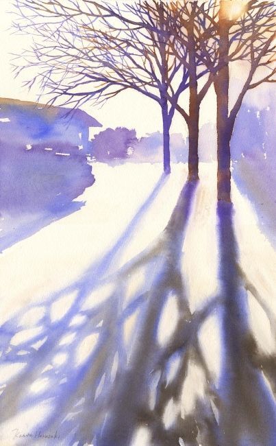 Kanta Harusaki | WATERCOLOR | Untitled Tree Shadow Painting, Shadow Study, Painting Shadows, Tree Shadow, Tree Watercolor Painting, Painting Snow, Winter Painting, Wet Brush, Watercolor Landscape Paintings