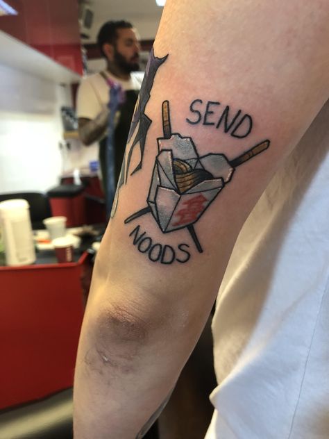 Send Noods by Mark Ford at jolie rogue tattoo in London Send Noods Tattoo, Rogue One Tattoo Ideas, Rogue And Gambit Tattoo, Simple Fallout Tattoo, Fallout 4 Tattoo Ideas, Rogue Tattoo, Chef Tattoo, Send Noods, Mark Tattoo