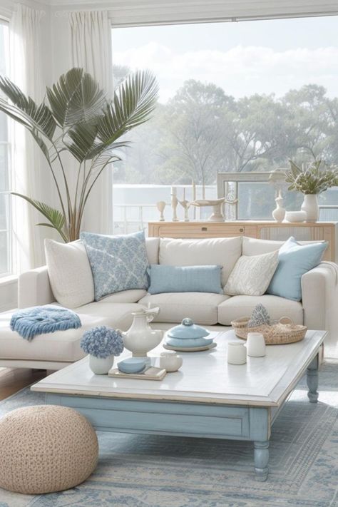 Sky Blue Living Room, Blue And Cream Living Room, Blue Couch Pillows, Light Blue Living Room, Vintage Apartment Decor, Light Blue Sofa, Pastel Living Room, Blue And White Living Room, Blue Couch