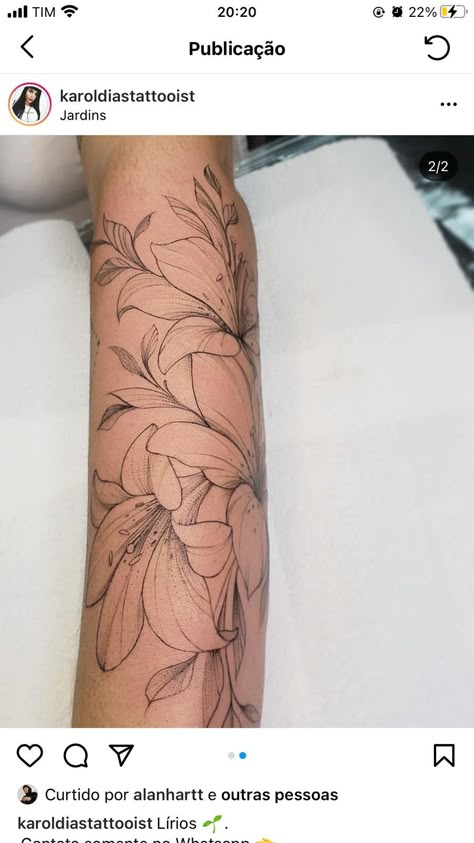 Lilies Sleeve Tattoo, Lilly Arm Tattoo, Lily Flower Tattoos Sleeve, Lillie Tattoo, Idk Tattoo, Lily Tattoo Sleeve, March Tattoo, Lily Tattoo Ideas, Stardust Tattoo