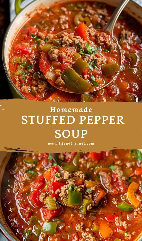 Stuffed Pepper Soup Hot Pepper Soup Recipe, Bell Pepper Soup Recipe, Stuffed Pepper Soup Crockpot, Slow Cooker Stuffed Pepper Soup, Stuffed Bell Pepper Soup, Homemade Stuffed Peppers, Stuffed Pepper Soup Recipe, Green Pepper Soup, Personalized Cookbook