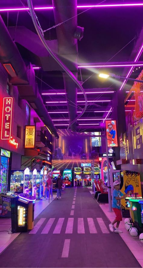 Neon Arcade Aesthetic, Neon Building, Alley Aesthetic, Cyberpunk Landscape, Arcade Building, Neon Bowling, 90s Arcade, Neon Street, Street Fashion Show