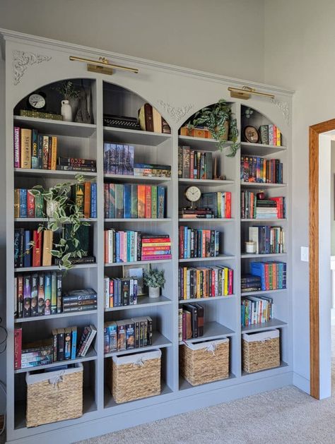 Our Dream DIY Built-in Bookshelves on a Budget - The Gage Made Home House Bookcase Diy, Custom Bookshelves Built Ins Living Room, Bookshelf In House, Bookshelves In Living Room Vaulted Ceiling, Making Built In Bookcases, Loft Bookshelf Wall, Built In Cabinets With Bookshelves, Books In Drawers, Alternative Bookshelf Ideas