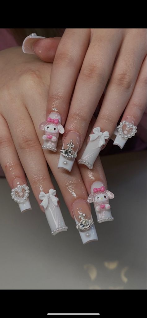 S Initial Nails Designs, Hello Kitty Nails My Melody, My Melody Inspired Nails, Mymelody Nails, Melody And Kuromi Nails, Nail Designs My Melody, Sanrio Charm Nails, Sanrio Nails My Melody, My Melody Nail Art