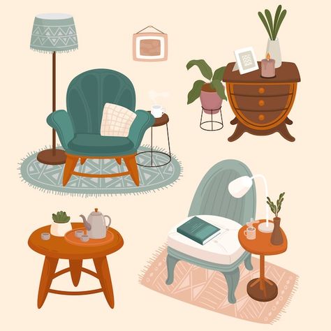 Collection of interiors with stylish com... | Free Vector #Freepik #freevector #couch #sofa #home-furniture #sofa-chair Bistro Interior, Cat Climbing Tower, Scandinavian Hygge, Cute Furniture, Cozy Couch, Furniture Logo, Cozy Chair, Living Room Background, Interior Illustration