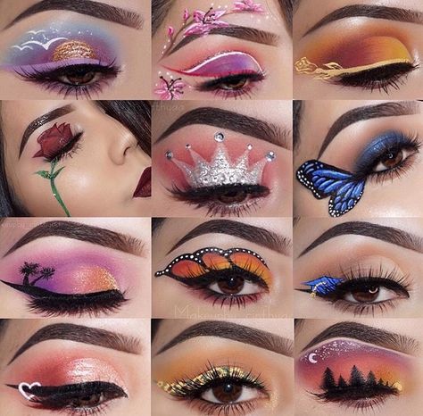 Into The Woods Makeup Ideas, Cool Eye Shadow Looks, Eyemakeup Creative Tutorial, Makeup Designs Art, Pixar Makeup, Fun Eyeshadow Looks Colorful, Creative Eye Makeup Design, Disney Makeup Ideas, Makeup Ideas Colorful