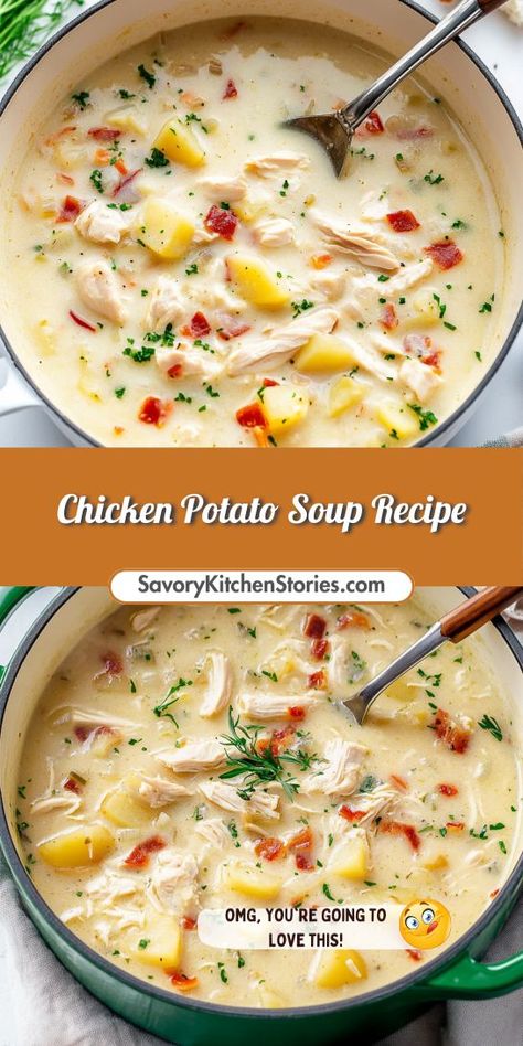 Looking for a soul-soothing soup? Our Chicken Potato Soup Recipe is just what you need! With tender chunks of chicken, creamy potatoes, and aromatic herbs, this easy recipe is a crowd-pleaser. Perfect for meal prep or a cozy dinner, it’s the ultimate comfort food. Save it now for chilly days! Creamy Chicken Potato Soup, Potato Soup Loaded, Hearty Chicken Soup, Creamy Chicken Stew, Chicken Potato Soup, Soup Recipe Easy, Creamy Potatoes, Winter Soup Recipe, Chicken Potato