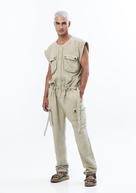 Farmer Outfit, Linen Overalls, Tailored Jumpsuit, Summer Suit, Ring Belt, Jumpsuit Men, Linen Jumpsuit, Mens Pants Fashion, Summer Suits