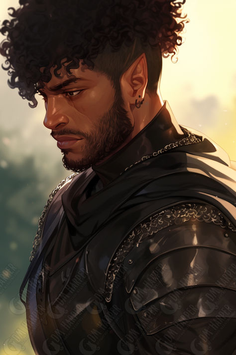 Xolkin Alassandar, lawful evil, male half-elf Zhentarim Captain Male Archer Aesthetic, Black Fantasy Male, Dark Skin Elf Male, Dnd Half Elf Male, Black Elf Male, Black Dnd Characters, Dnd Half Elf, Half Elf Male, Black Character Art