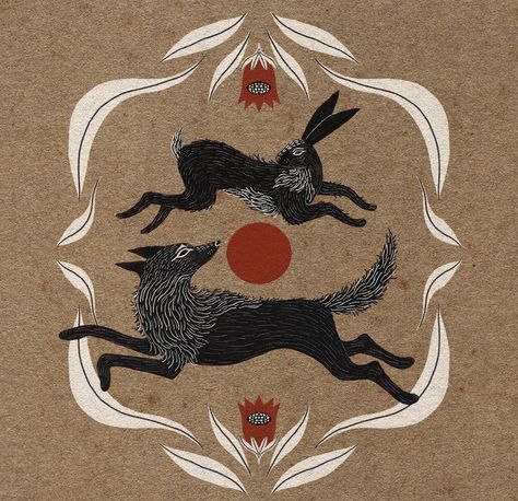 Swedish Tattoo, Cottagecore Illustration, Coyote Tattoo, Hare Illustration, Wolf Illustration, Rabbit Tattoos, Printing Blocks, Graphic Illustrations, Moon Rising