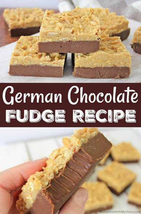 Easy German Chocolate Fudge Recipe German Chocolate Fudge Recipe, German Chocolate Fudge, Easy German Chocolate Cake, Chocolate Eggnog, Holiday Fudge Recipes, Best Fudge Recipe, Chocolate Fudge Recipe, Holiday Fudge, Easy Chocolate Fudge