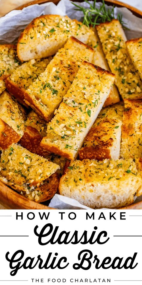 The Best Garlic Bread of Your Life from The Food Charlatan! There is no stopping this Garlic Bread, y'all. It is the BEST recipe. What could be better than delicious crusty-yet-chewy bread, toasted with softened salted butter and garlic in every bite?! I've got 3 basic tips that will level up your homemade garlic bread, and 3 methods for how to make it. Let me show you just how easy it is! Perfect as an appetizer, with any Italian meal, weeknight dinner, or fancy meal. Garlic for the win! Garlic Butter Bread, Garlic Toast Recipe, Best Garlic Butter, Best Garlic Bread Recipe, Garlic Butter For Bread, Butter Bread Recipe, Bread Toppings, Homemade Garlic Butter, Make Garlic Bread