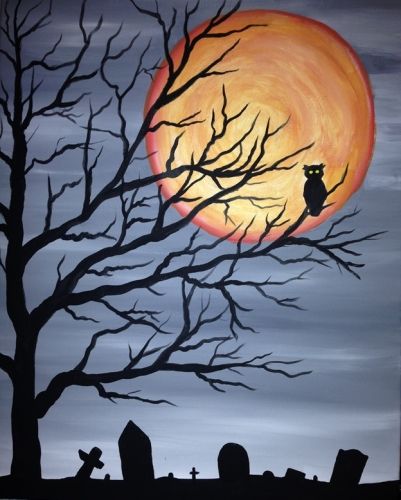 Paint Nite. Drink. Paint. Party! We host painting events at local bars. Come join us for a Paint Nite Party!. Halloween Diy Painting Canvas Easy, Spooky Fall Paintings, Grave Yard Painting, Water Restaurant, Halloween Canvas Paintings, Sports Pub, Spooky Tree, Arte Nerd, Martini Bar