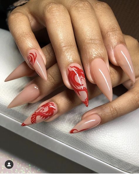 Lunar New Year Nails Dragon, Year Of The Dragon Nails, Japan Nails Design Tokyo, Red Dragon Nails, Nails With Dragon, Chinese Dragon Nails Designs, Chinese Dragon Nails, Chinese New Year Nail Design, Mulan Nails