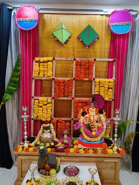 Home decoration for Gowri Ganesh festival Ram Setu, Ganesh Festival, Festivals Of India, Rangoli Designs Diwali, Rangoli Designs, Gingerbread House, Diwali, Home Decoration, Gingerbread