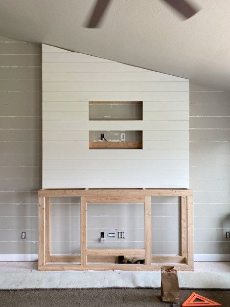 Diy Electric Fireplace Angled Ceiling, 8ft Ceiling Fireplace, Diy Electric Fireplace Wall Slanted Ceiling, Angled Shiplap Fireplace, Diy Fireplace Tv Wall Angled Ceiling, Angled Ceiling Fireplace, Diy Fireplace With Vaulted Ceiling, Fireplace Insert Wall Ideas, Diy Fireplace With Mantle