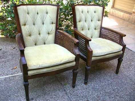 Part 1 -- How to Reupholster An Occasional Chair With Cane Sides And Tufted Back Refinishing Chairs, Chair Reupholster, Gold Chairs, Reupholster Chair Dining, Cane Chairs, Upholstery Trends, Chair Redo, Upholstery Armchair, Living Room Upholstery