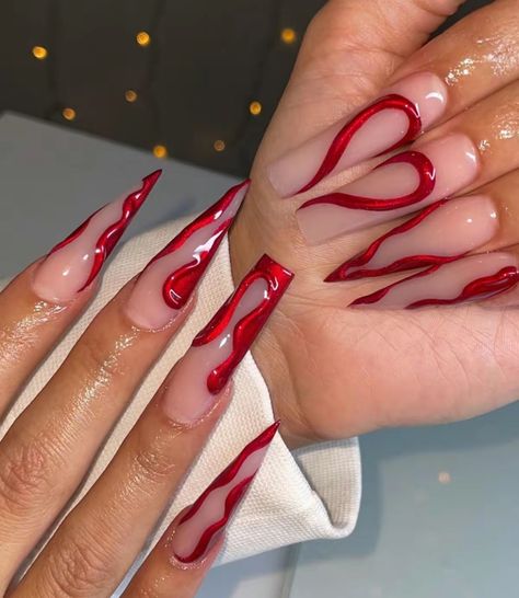 Summer Nails Wedding, Red Chrome Nails Designs, Colorful Nails Summer, Holiday Nails Simple, Chrome Nail Designs, Red Chrome Nails, Red Chrome, Chrome Nails Designs, Drip Nails