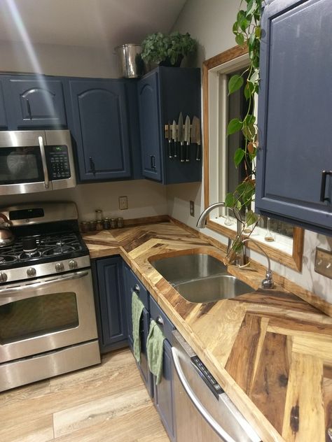 Barn Wood Countertop, Lamanite Kitchen Countertops, Custom Wood Countertops, Herringbone Wood Countertop, Herringbone Countertop, Herringbone Butcher Block Countertops, Herringbone Countertop Wood, Chevron Butcher Block Counter, Navy And Wood Kitchen