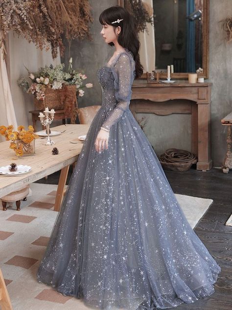 Korean Gown, Lace Long Prom Dress, Grey Evening Dresses, Grey Gown, Long Blue Dress, Sequin Evening Dresses, Blue Tulle, Short Prom Dress, Custom Size Dresses