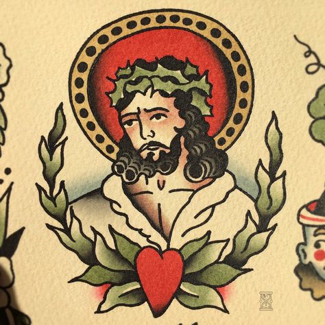 Traditional Jesus Tattoo Design, American Traditional Bible Tattoo, Tattoo Inri, American Traditional Jesus Tattoo, Traditional Lamb Tattoo, American Traditional Christian Tattoo, Christian Traditional Tattoo, Jesus Traditional Tattoo, Traditional Christian Tattoo