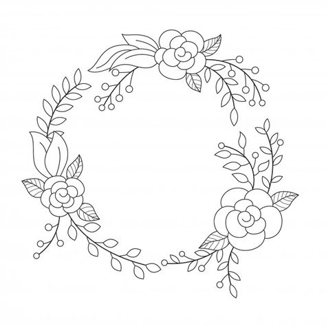 Floral wreath in round frame Premium Vec... | Premium Vector #Freepik #vector #background Embroidery Flower Wreath, Flower Round Frame, Floral Wreath Drawing, Embroidery Drawing, Banner Flower, Embroidery Stitches Flowers, Floral Desing, Hand Embroidery Patterns Free, Wreath Drawing