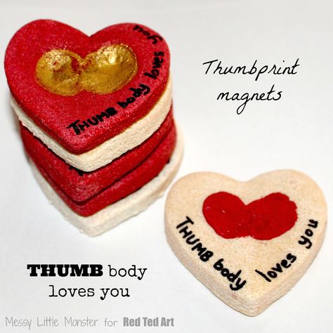 Messy Little Monster: Salt Dough Crafts: THUMBbody Loves You thumbprint Magnet Salt Dough Thumbprint Heart, Dollar Tree Wooden Hearts Crafts Ideas, Thumb Body Loves You Craft, Salt Dough Crafts, Handprint Ornaments, Keepsake Crafts, Toddler Valentines, Food Ornaments, Valentine's Day Crafts For Kids