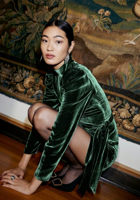 What Our Senior Fashion & Shopping Editor Is Loving This Month Emerald Green Clothes, Green Velvet Dress Outfit, Long Sleeve Burgundy Dress, Velvet Dresses Outfit, The Round Up, Green Clothes, Burgundy Velvet Dress, Faux Wrap Skirt, Green Velvet Dress