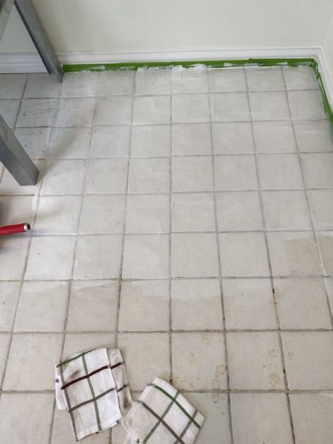 How to Paint Your Nasty Tile Floors In One Day - Design Morsels Whitewash Tile Floor, Remove Paint From Tile, Remove Paint From Concrete, Can You Paint Tile, Painted Bathroom Floors, Painted Dining Room Table, Ceramic Tile Floors, Painting Bathroom Tiles, Paint Tile