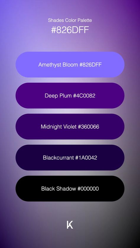 Shades Color Palette Amethyst Bloom #826DFF · Deep Plum #4C0082 · Midnight Violet #360066 · Blackcurrant #1A0042 · Black Shadow #000000 Midnight Purple Color Palette, Midnight Purple Color, Purple Color Palette, Midnight Purple, Purple Color Palettes, Hex Color Palette, Deep Plum, Rich Purple, Black Shadow