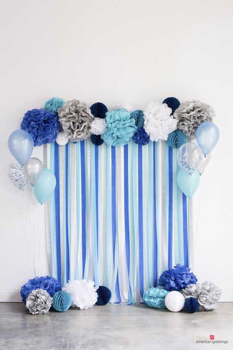 Blue Photo Backdrop Paper Pom Pom Backdrop, Tissue Paper Pom Poms Diy Backdrop, Blue Colour Birthday Decoration, Blue And White Decorating Ideas Party, White And Blue Decorations Party, Birthday Theme Blue And White, Crepe Paper Party Decorations, Birthday Party Decoration Ideas At Home, Blue And White Photo Backdrop