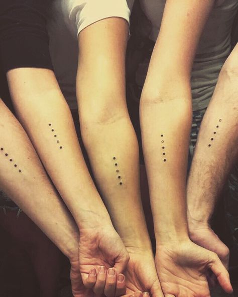 Sibling tattoos Sibling Dot Tattoos, Tattoo Ideas For 4 Siblings, Tiny Sibling Tattoos For 3, Five Siblings Tattoo, Siblings Tattoo For 5, Multiple Sibling Tattoos, Oldest Sibling Tattoo, 6 Siblings Tattoo, Friendship Tattoos For 5 Best Friends