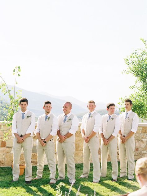 Tan Wedding Suits With Blue, Tan Groomsmen, Jacket Photography, Deer Valley Wedding, Guys Photography, Groomsmen Vest, Wedding Groomsmen Attire, Tan Vest, Beach Wedding Attire