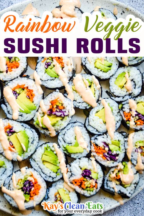 Rainbow Veggie Sushi Rolls are bright, colorful, and delicious. These rolls are vegan and so addicting! Serve these rolls with sriracha mayo and soy sauce for the best veggie rolls around! If there is one thing I miss and crave most this pregnancy its sushi! Oh my gosh, I can not wait to go out for sushi again, oh, and maybe a little sake too, haha! | Kay's Clean Eats @kayscleaneats #vegetariansushi #veggiesushi #easysushirolls #sushirolls #healthysushi #pregnancyandsushi #kayscleaneats Creamy Sriracha Sauce, Sushi Rolls Recipe, Easy Sushi Rolls, Rainbow Sushi, Veggie Sushi Rolls, Veggie Rolls, Healthy Sushi, Veggie Sushi, Vegetarian Sushi