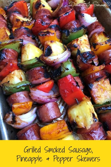 Grilled Sausage Dinner Ideas, Smoked Sausage Camping Recipes, Grilled Sausage And Veggies, Sausage Grilling Recipes, Kielbasa Kabobs On The Grill, Smoked Sausage Skewers, Kielbasa Grill Recipes, Smoked Sausage On The Grill, Grilled Smoked Sausage Recipes