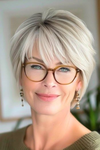 Short Hairstyles Gray Hair, Short Gray Hair With Glasses, Glasses And Grey Hair, Chin Length Hairstyles For Women Over 50, Hairstyles 50 And Over, Pixie Blonde Hairstyles, Short Grey Hair Styles For Women, Hair Cuts Women Short, Woman Over 50 Hairstyles