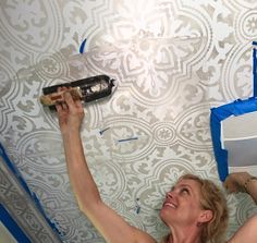 Diy Ceiling Paint, European Tiles, Hall Wallpaper, Moroccan Ceiling, Storybook House, Royal Design Studio Stencil, Paint Stencil, Ceiling Painting, Stencil Decor